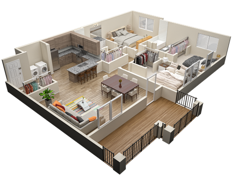 Floor plan for 3 beds, 2 baths, 1402 sqft